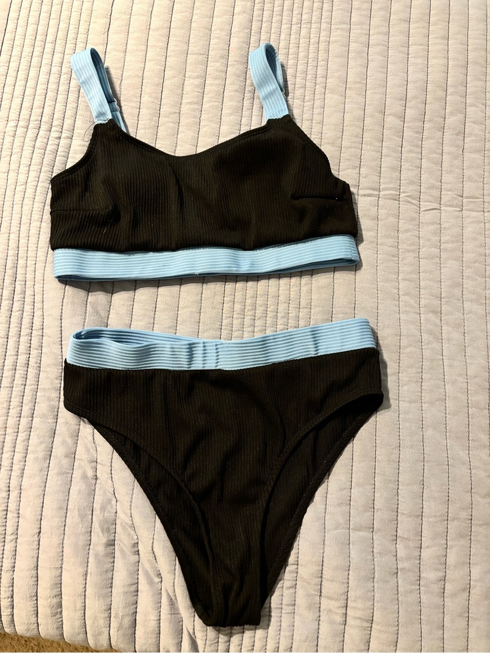 Black Ribbed Bikini Set with Light Blue Trim